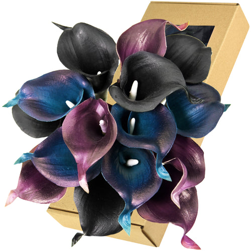 FiveSeasonStuff 15 Stems Real Touch (Stargazer Purple Blue & Black) Calla Lilies Artificial Flower Bouquet, Wedding, Bridal, Home Décor DIY