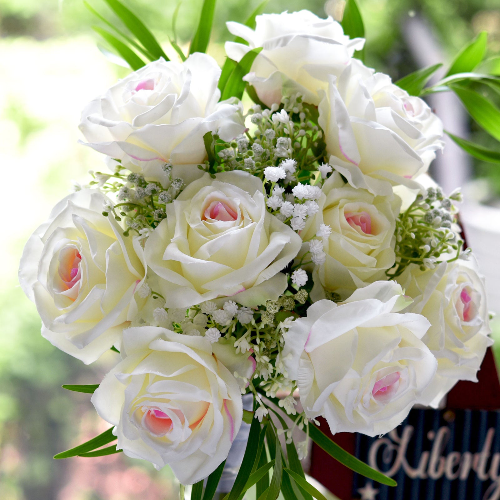 1 Bundle Full Bloom Silk White with Pink Roses Artificial Flowers, Home Décor, Wedding, Bridal FiveSeasonStuff