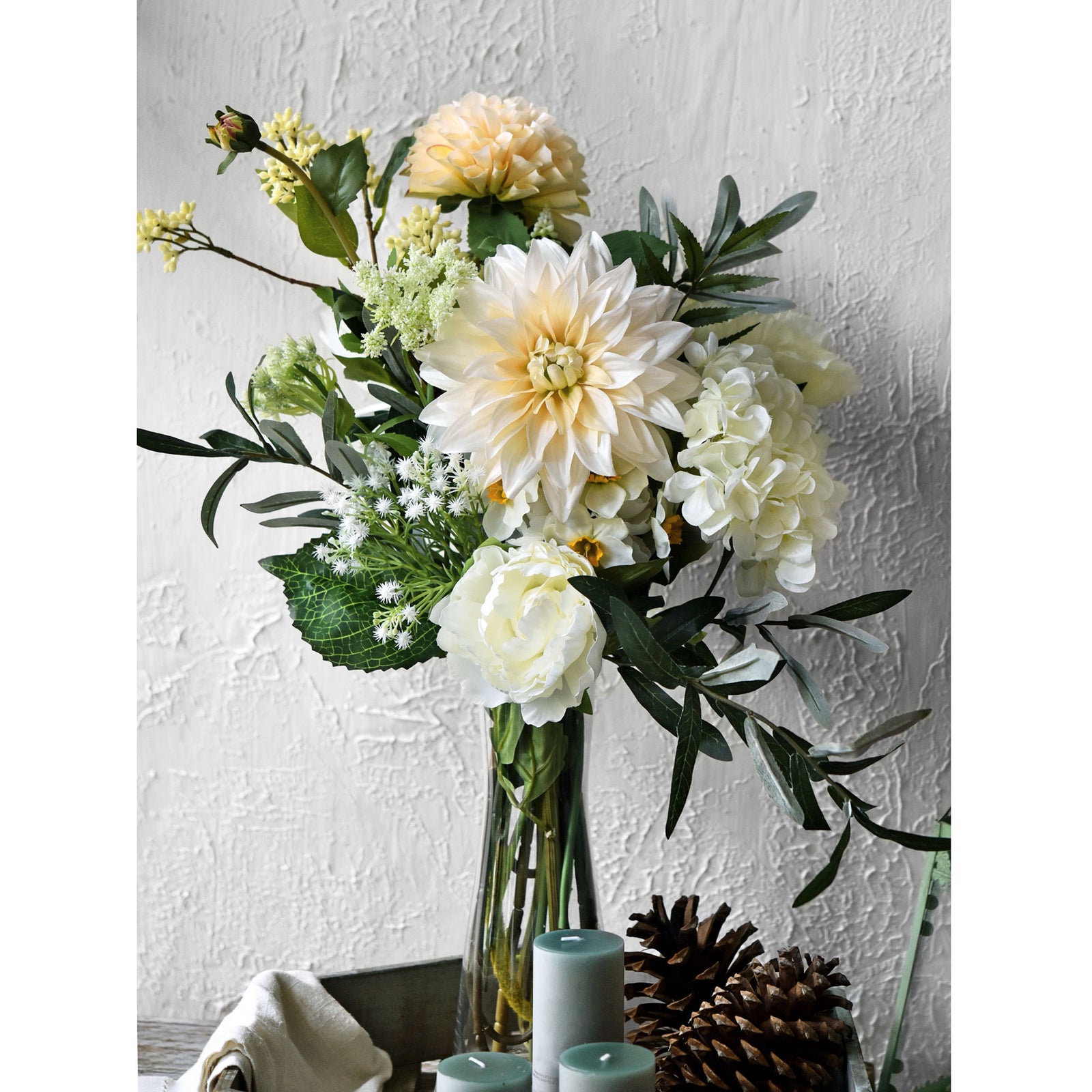 FiveSeasonStuff Artificial Flowers Dahlia Silk Flowers for Outdoors Indoors and Tall Vases (Classic White)
