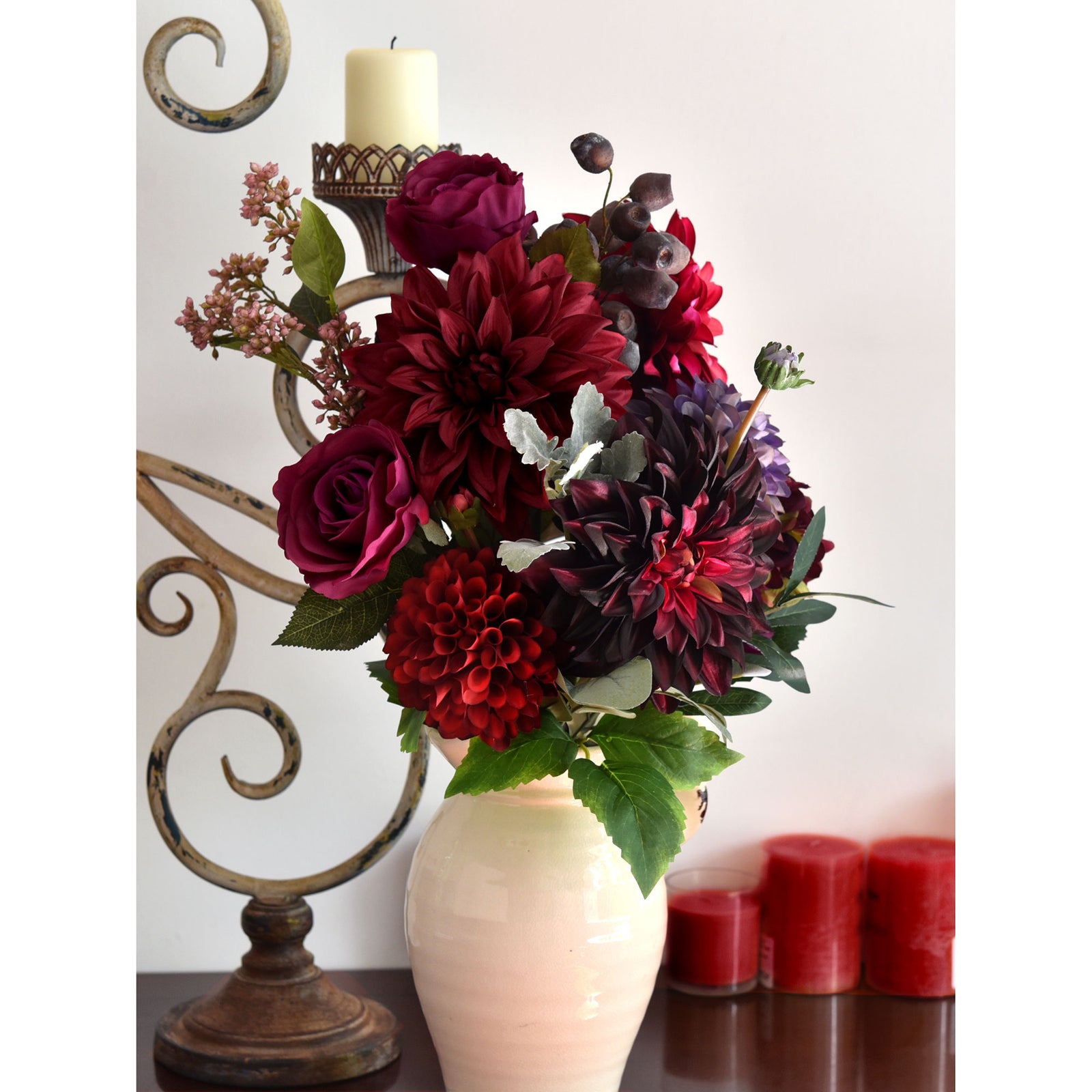 FiveSeasonStuff Artificial Flowers Dahlia Silk Flowers for Outdoors Indoors and Tall Vases (Merlot Red)