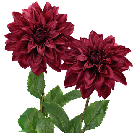 Merlot Red silk dahlia stems, set of 2, full front view of layered blooms