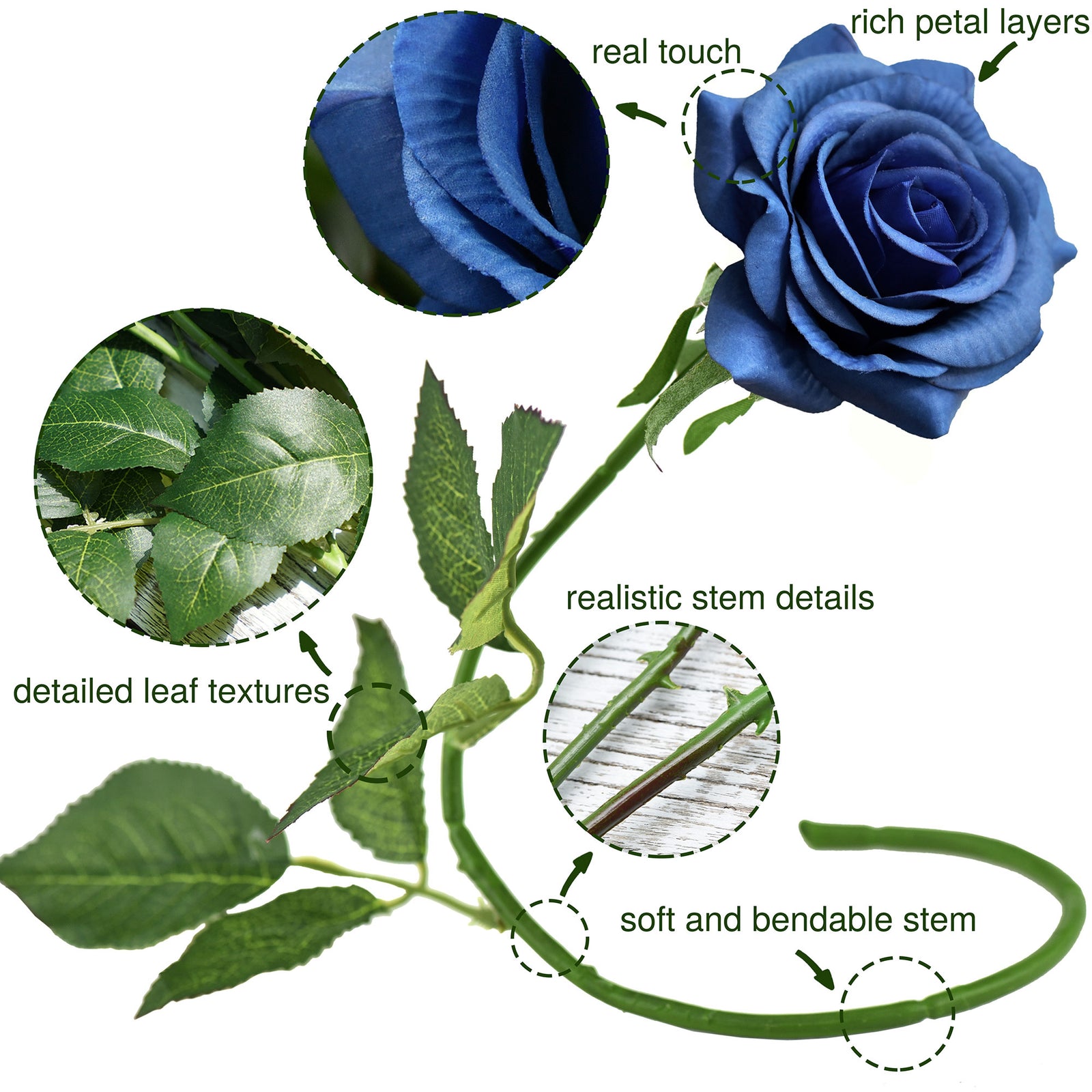 Real Touch 10 Stems Royal Blue Silk Artificial Roses Flowers ‘Petals Feel and Look like Fresh Roses'