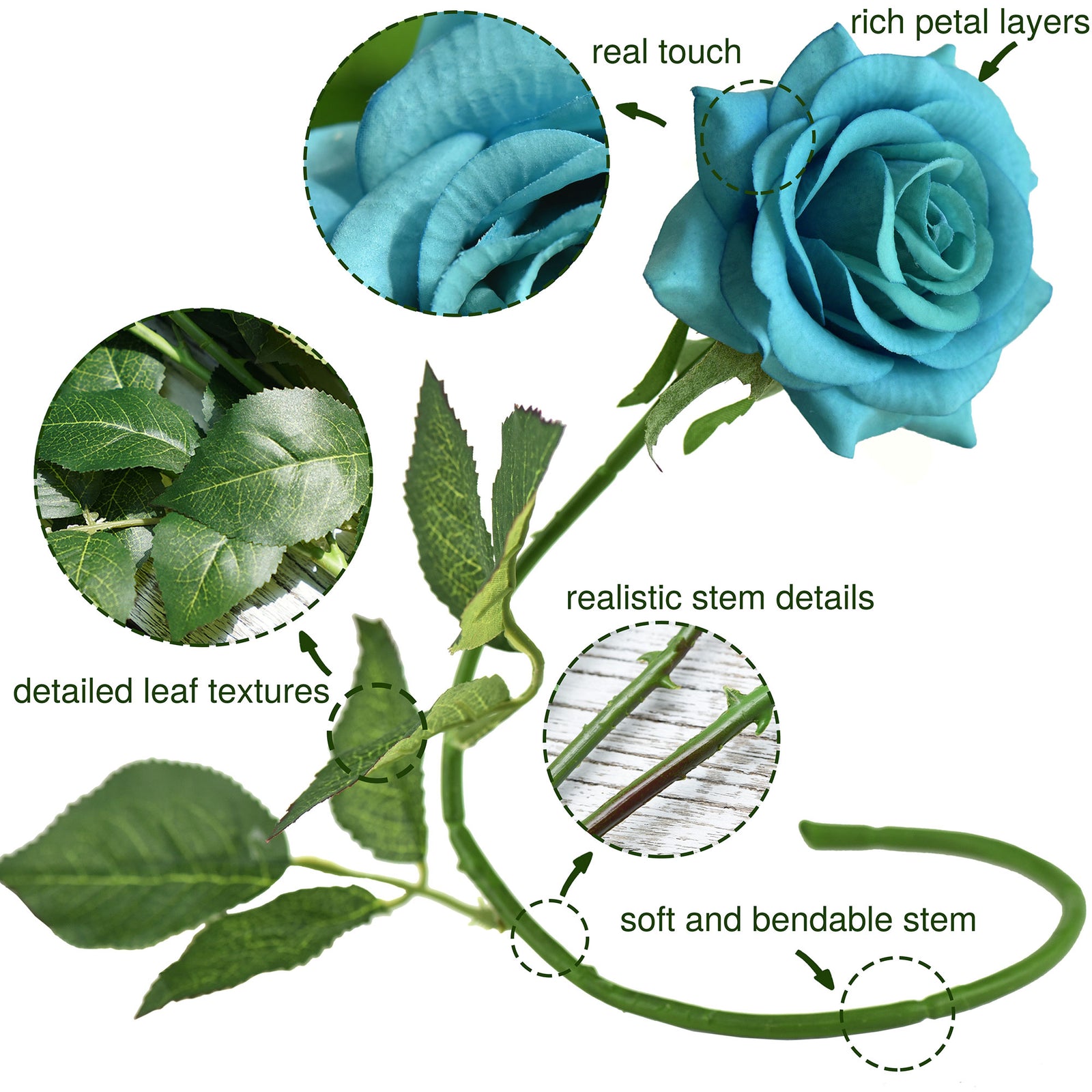 Real Touch 10 Stems Teal Silk Artificial Roses Flowers ‘Petals Feel and Look like Fresh Roses'