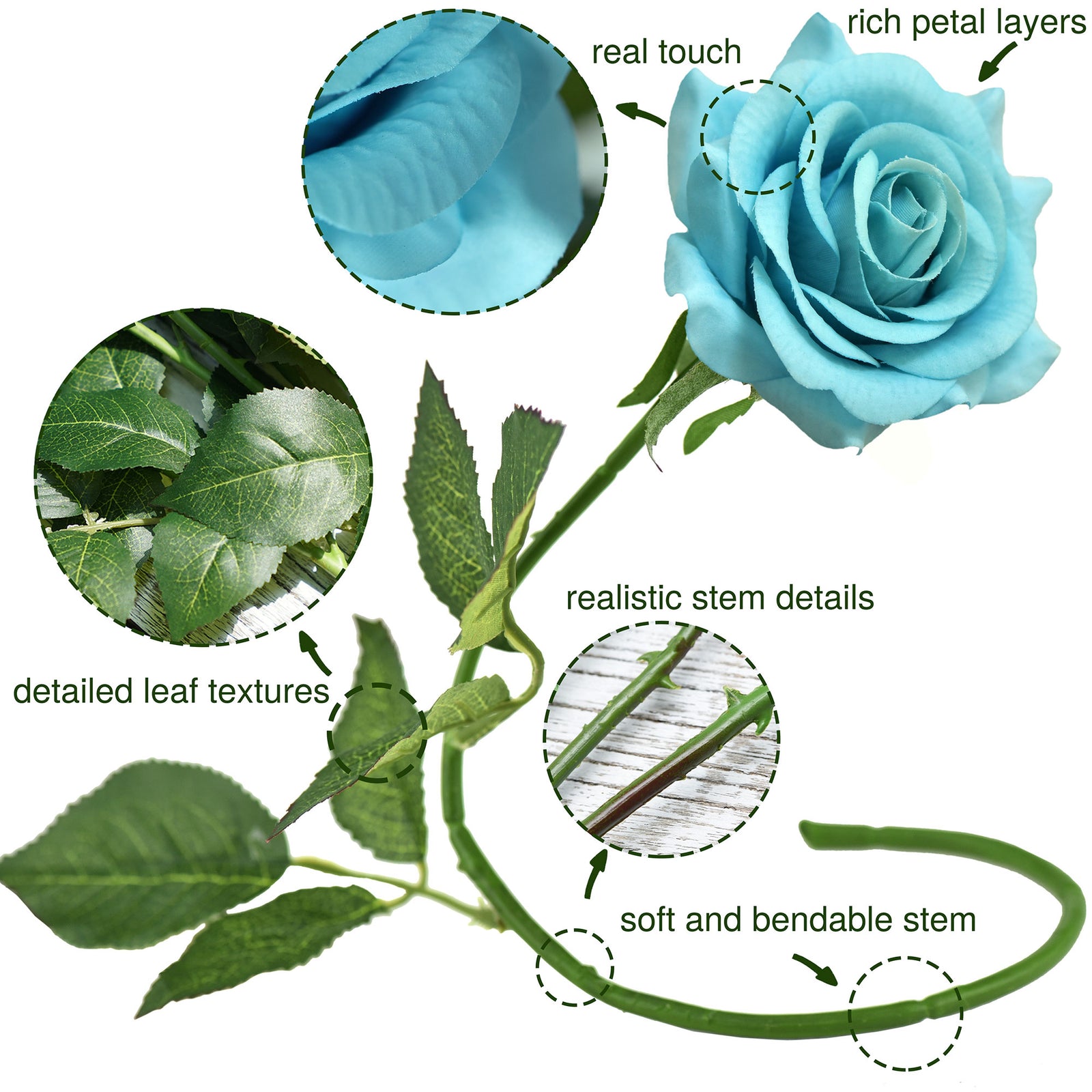 Real Touch 10 Stems Dark Turquoise Silk Artificial Roses Flowers ‘Petals Feel and Look like Fresh Roses'