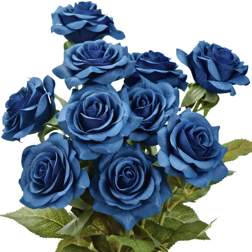 Real Touch 10 Stems Royal Blue Silk Artificial Roses Flowers ‘Petals Feel and Look like Fresh Roses'