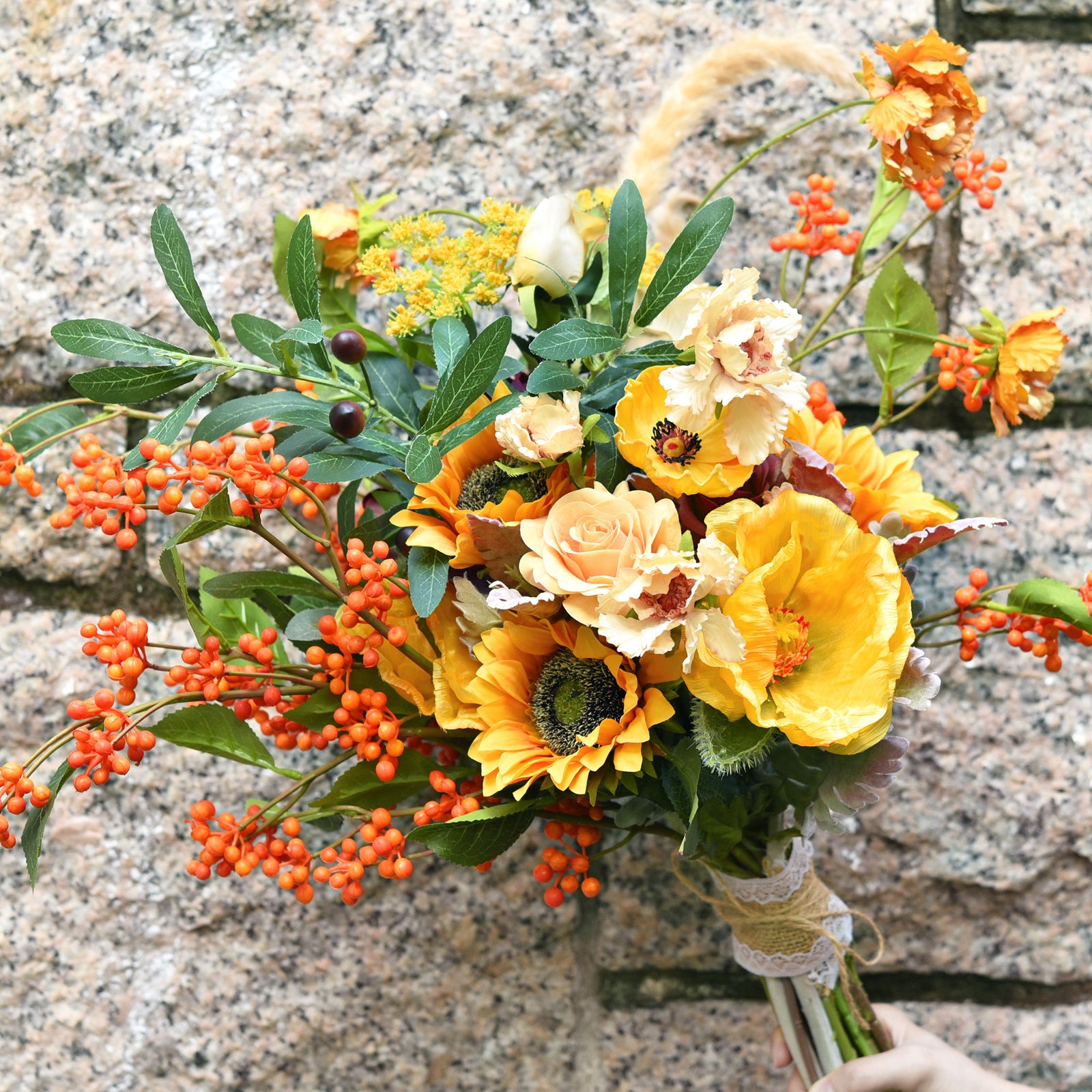 FiveSeasonStuff Artificial Fruit Orange Holly Berries Decoration for Vases, Bouquets and Floral Arrangements, 6 Berry Stems