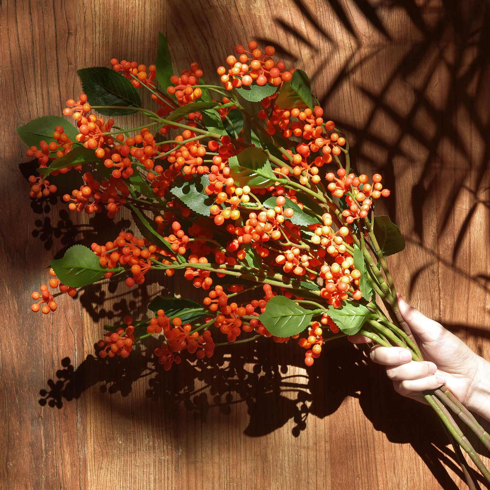 FiveSeasonStuff Artificial Fruit Orange Holly Berries Decoration for Vases, Bouquets and Floral Arrangements, 6 Berry Stems
