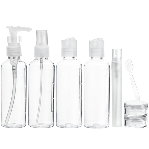 9-piece clear travel toiletry bottle set with pump, spray, flip caps, jars, and spatula