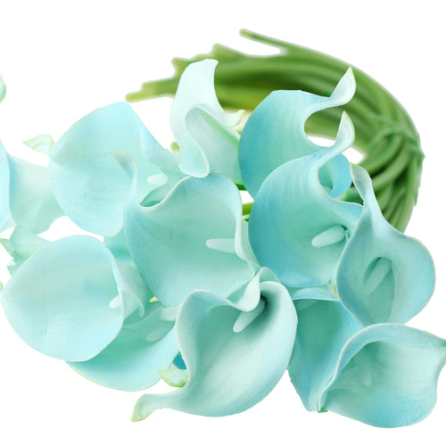 Aqua blue artificial calla lily stems showing the curved bloom shape and green stems.