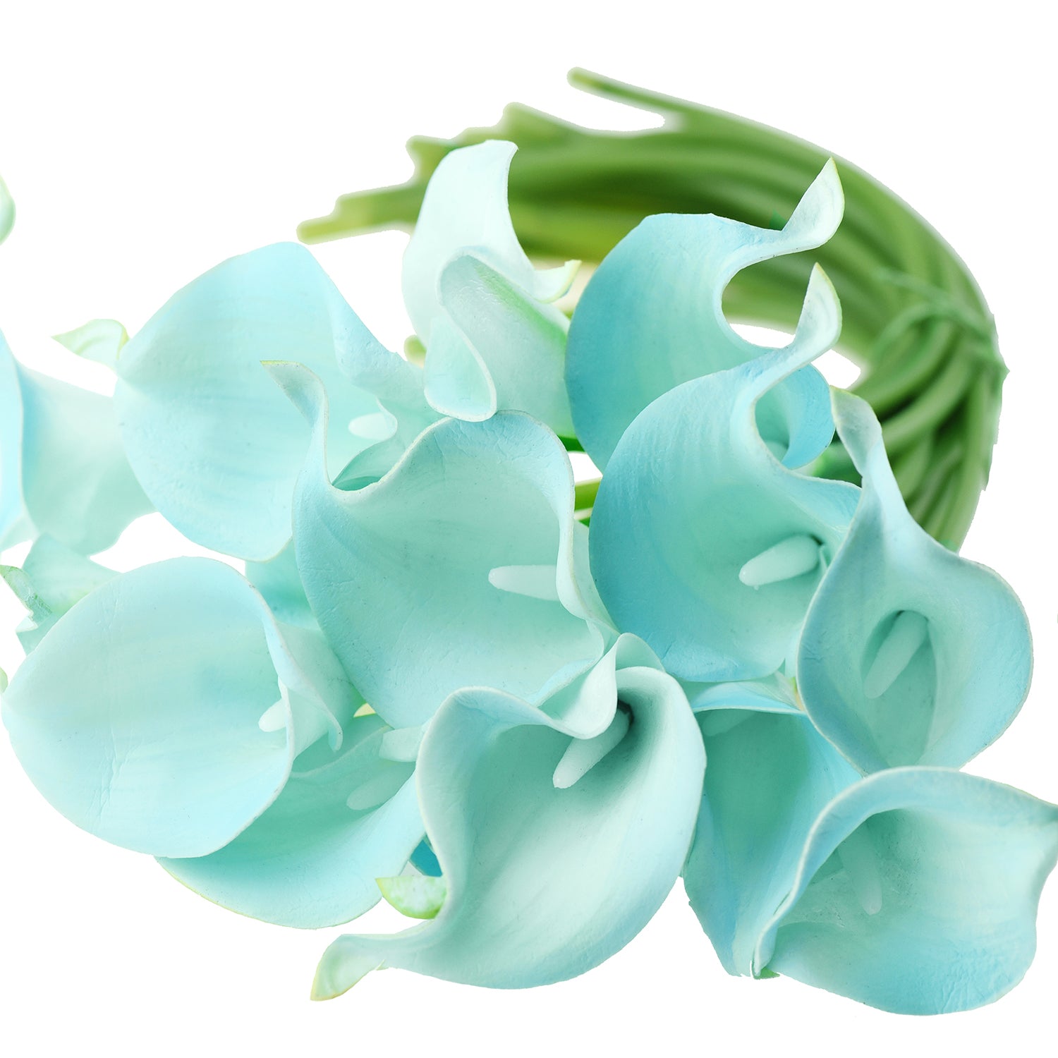 Aqua blue artificial calla lily stems showing the curved bloom shape and green stems.