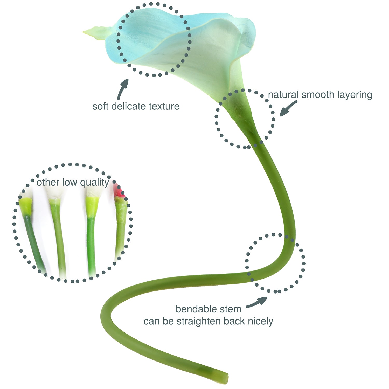 Aqua blue Real Touch calla lily flowers shown from an alternate product angle.
