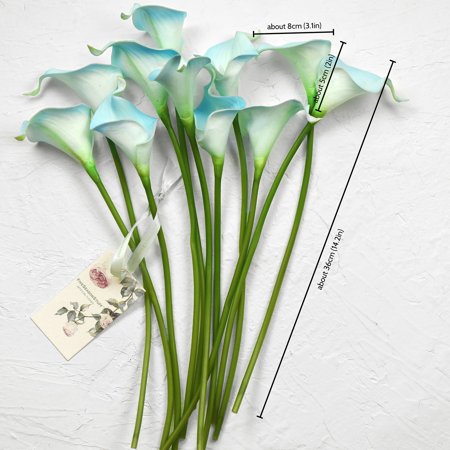 Aqua blue artificial calla lilies showing bloom and stem details for arranging.