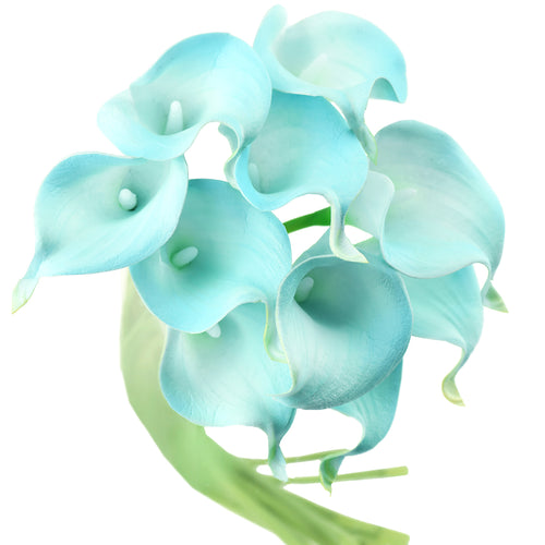 Aqua blue Real Touch calla lily stems shown together in the main product image.