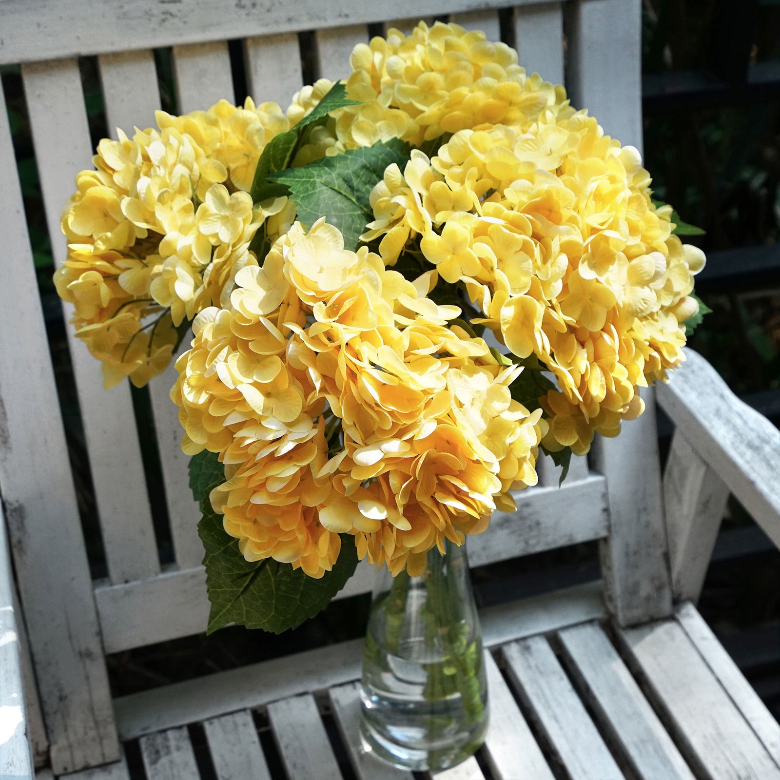 FiveSeasonStuff 2 Stems Real Touch Petals and Leaves Artificial Hydrangea Flowers Long Stem Floral Arrangement | for Wedding Bridal Party Home Décor DIY Floral Decoration (Yellow)
