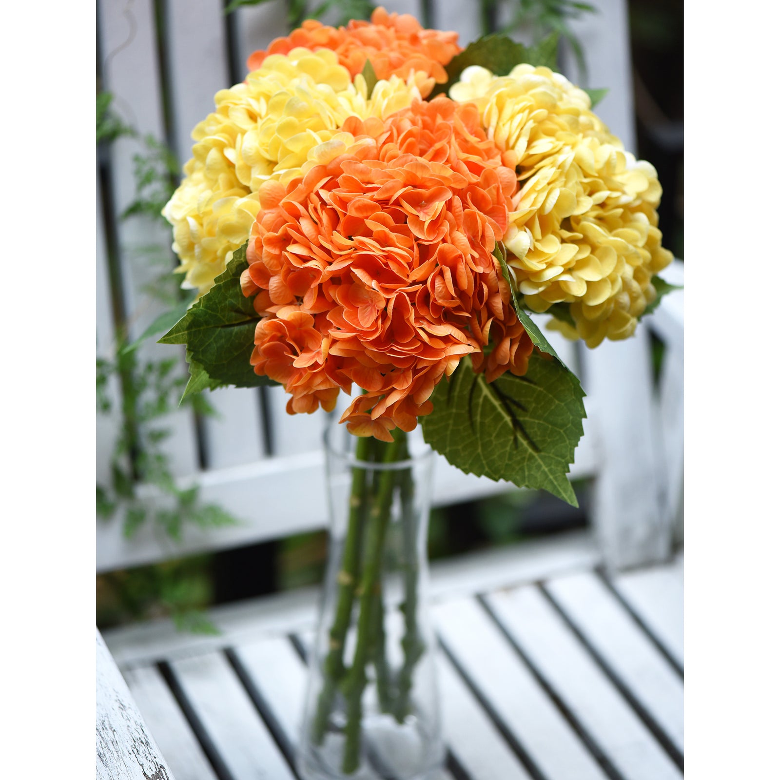 FiveSeasonStuff 2 Stems Real Touch Petals and Leaves Artificial Hydrangea Flowers Long Stem Floral Arrangement | for Wedding Bridal Party Home Décor DIY Floral Decoration (Yellow | Orange)