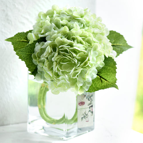 FiveSeasonStuff 2 Stems Real Touch Petals and Leaves Artificial Hydrangea Flowers Long Stem Floral Arrangement | for Wedding Bridal Party Home Décor DIY Floral Decoration (Pale Green)