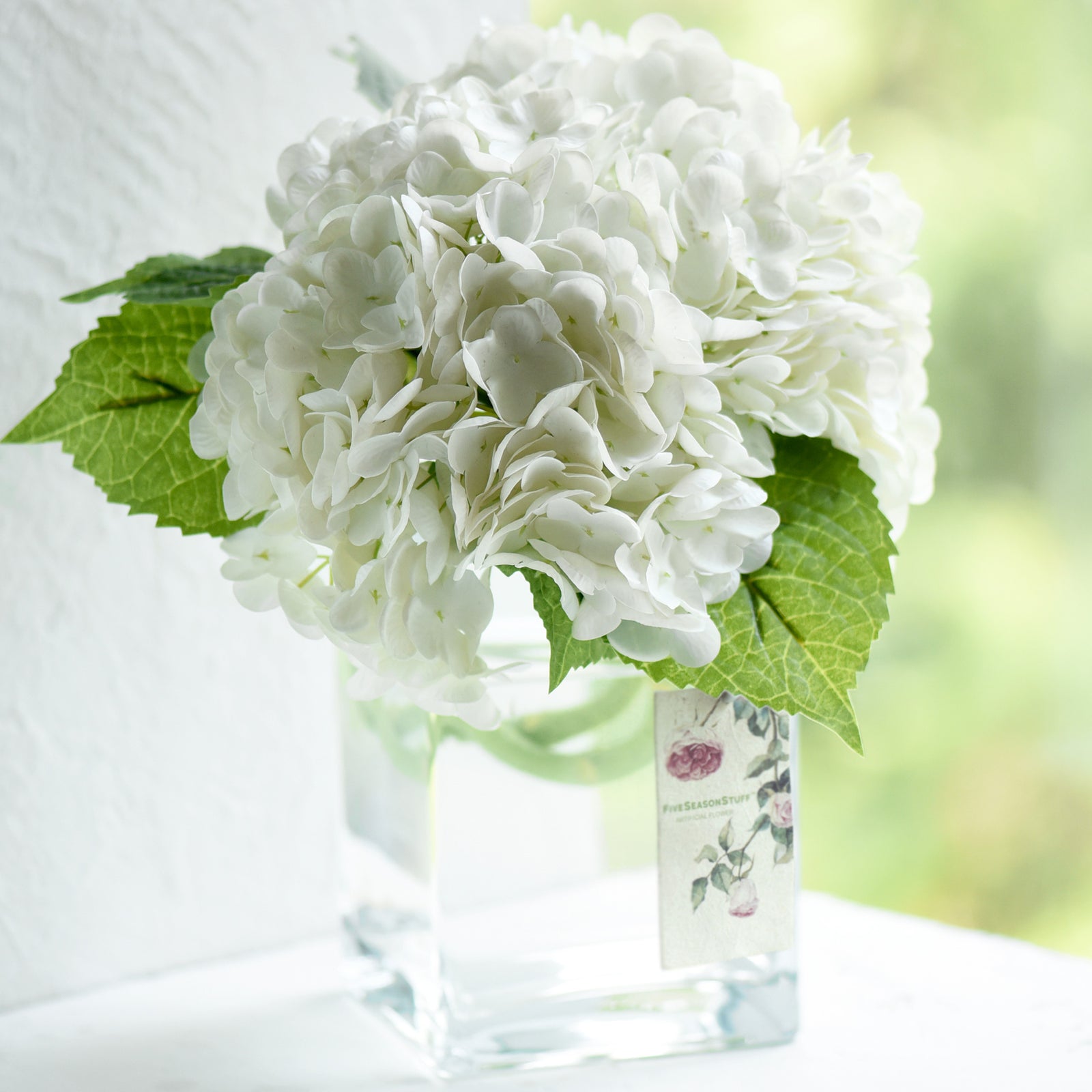 FiveSeasonStuff 2 Stems Real Touch Petals and Leaves Artificial Hydrangea Flowers Long Stem Floral Arrangement | for Wedding Bridal Party Home Décor DIY Floral Decoration (White)