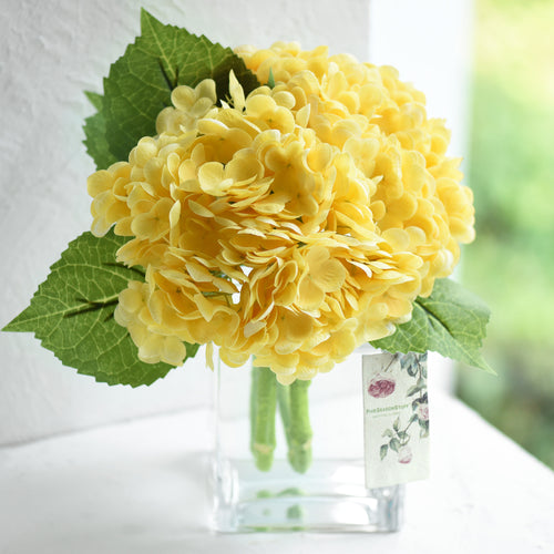 FiveSeasonStuff 2 Stems Real Touch Petals and Leaves Artificial Hydrangea Flowers Long Stem Floral Arrangement | for Wedding Bridal Party Home Décor DIY Floral Decoration (Yellow)