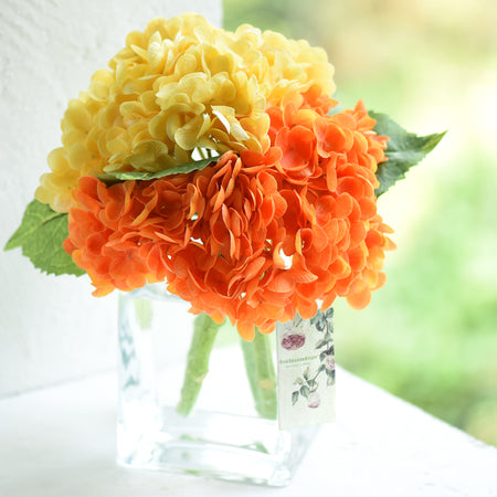 2 Real Touch Artificial Hydrangea Stems – Orange & Yellow