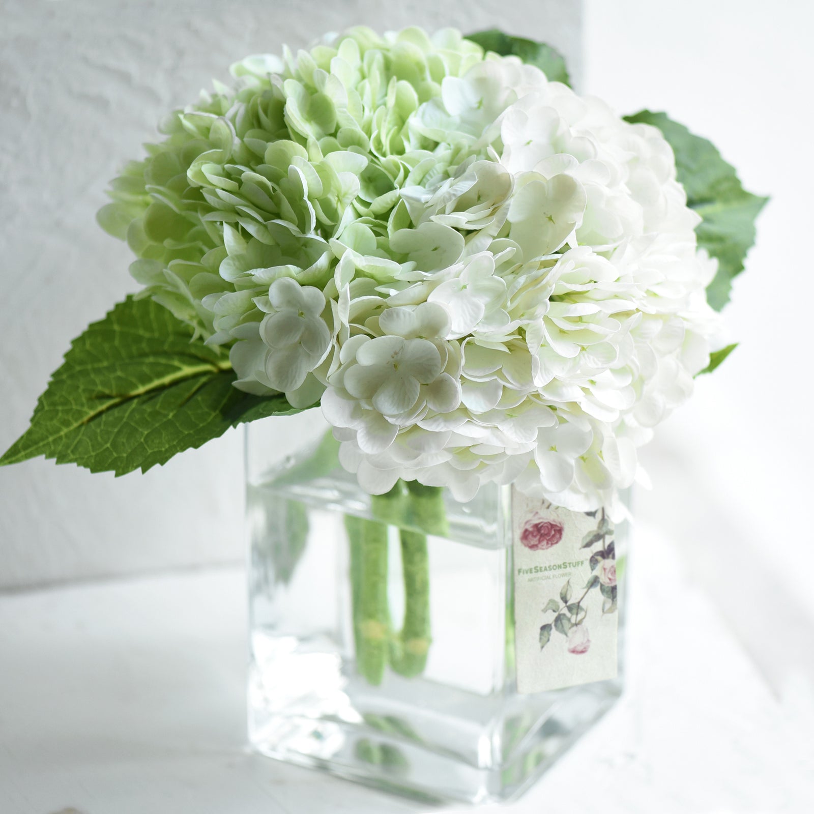 FiveSeasonStuff 2 Stems Real Touch Petals and Leaves Artificial Hydrangea Flowers Long Stem Floral Arrangement | for Wedding Bridal Party Home Décor DIY Floral Decoration (White | Pale Green)