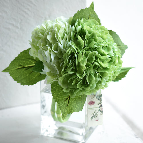 FiveSeasonStuff 2 Stems Real Touch Petals and Leaves Artificial Hydrangea Flowers Long Stem Floral Arrangement | for Wedding Bridal Party Home Décor DIY Floral Decoration (Green | Pale Green)