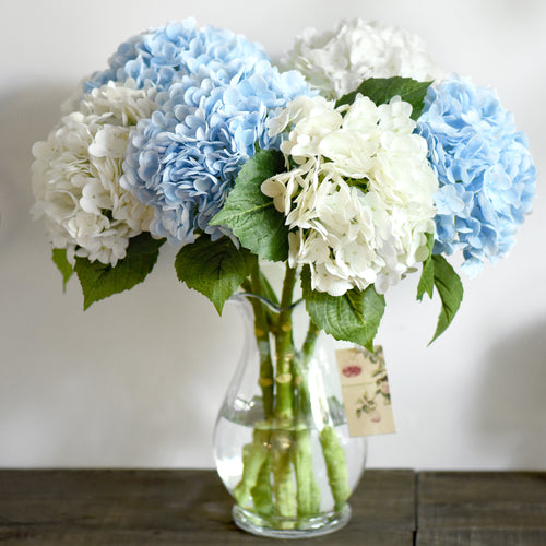 FiveSeasonStuff 2 Stems Real Touch Petals and Leaves Artificial Hydrangea Flowers Long Stem Floral Arrangement | for Wedding Bridal Party Home Décor DIY Floral Decoration (White | Blue)