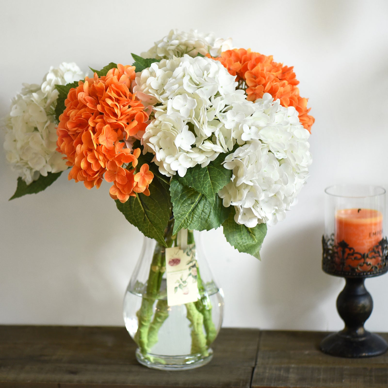 FiveSeasonStuff 2 Stems Real Touch Petals and Leaves Artificial Hydrangea Flowers Long Stem Floral Arrangement | for Wedding Bridal Party Home Décor DIY Floral Decoration (Yellow | Orange)