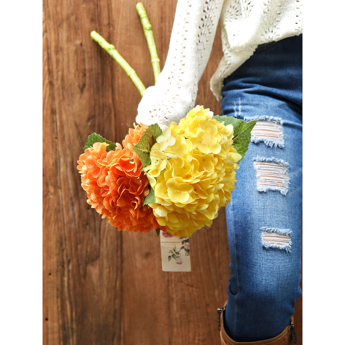 FiveSeasonStuff 2 Stems Real Touch Petals and Leaves Artificial Hydrangea Flowers Long Stem Floral Arrangement | for Wedding Bridal Party Home Décor DIY Floral Decoration (Yellow | Orange)