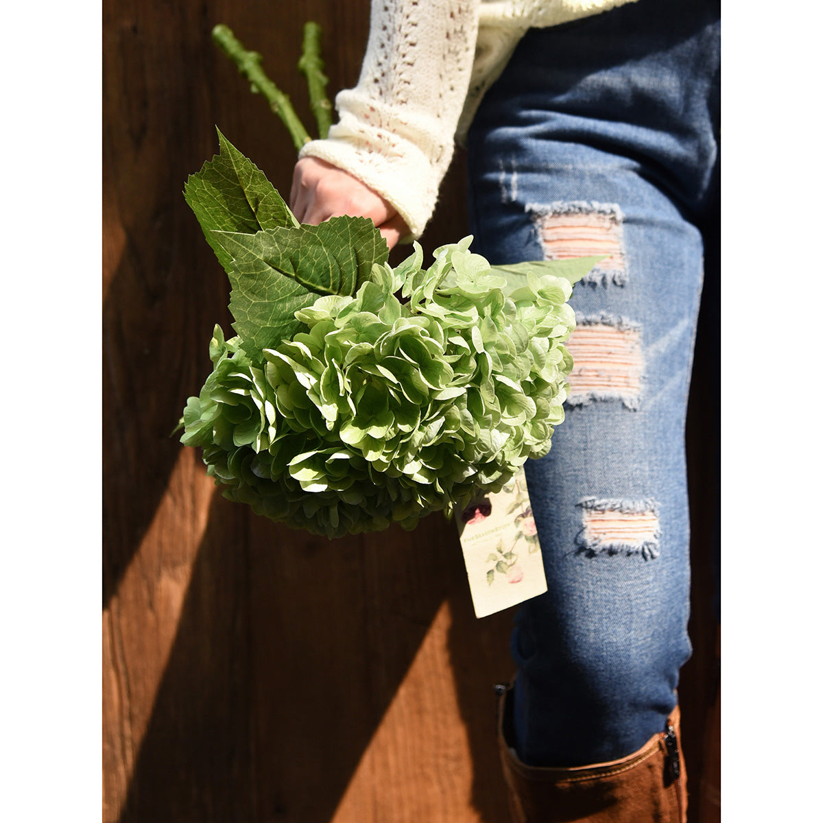 FiveSeasonStuff 2 Stems Real Touch Petals and Leaves Artificial Hydrangea Flowers Long Stem Floral Arrangement | for Wedding Bridal Party Home Décor DIY Floral Decoration (Green)