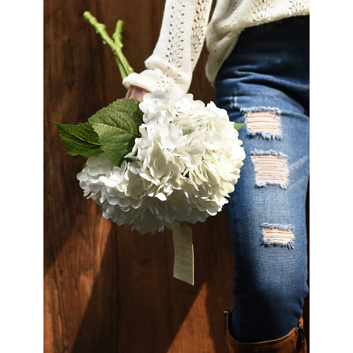 FiveSeasonStuff 2 Stems Real Touch Petals and Leaves Artificial Hydrangea Flowers Long Stem Floral Arrangement | for Wedding Bridal Party Home Décor DIY Floral Decoration (White)