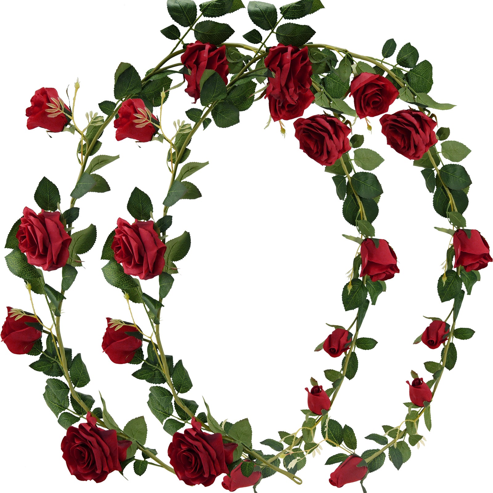 FiveSeasonStuff 2 Pcs Bendable Flower Garland Artificial Silk Rose Vine Leaves Hanging Face Flowers for Wall Decoration, Wreaths (Red)