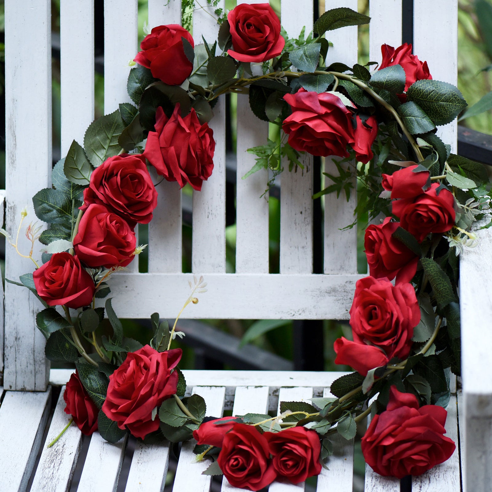 FiveSeasonStuff 2 Pcs Bendable Flower Garland Artificial Silk Rose Vine Leaves Hanging Face Flowers for Wall Decoration, Wreaths (Red)