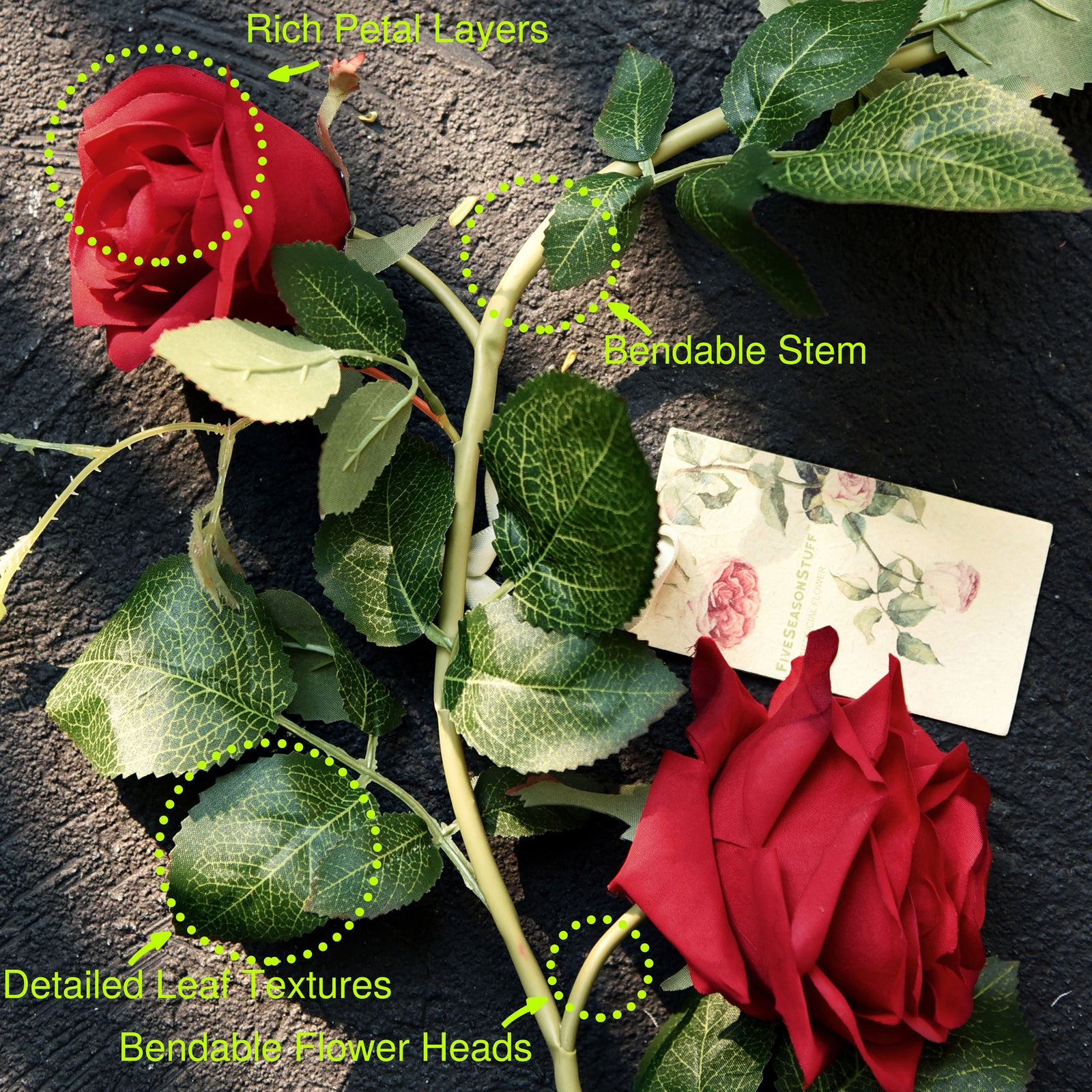 FiveSeasonStuff 2 Pcs Bendable Flower Garland Artificial Silk Rose Vine Leaves Hanging Face Flowers for Wall Decoration, Wreaths (Red)