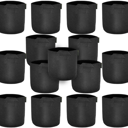 Black 1-gallon fabric grow bags with handles, 15-pack.