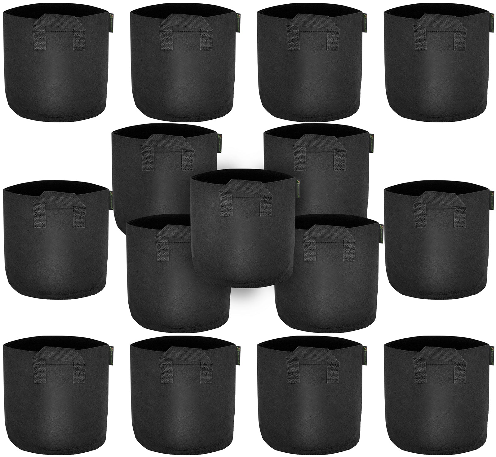 Black 1-gallon fabric grow bags with handles, 15-pack.