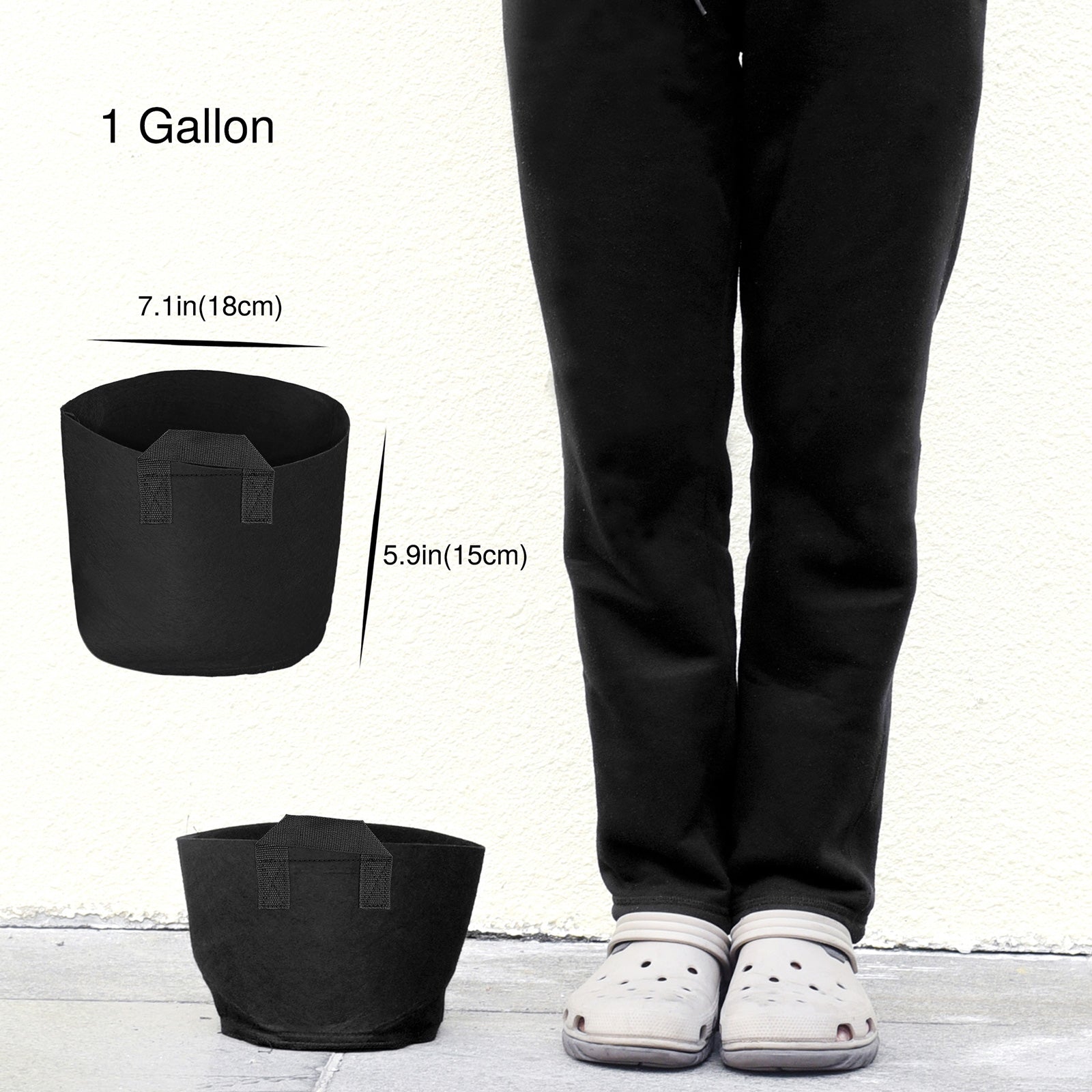 Black 1-gallon fabric grow bag detail showing the planter shape and material.