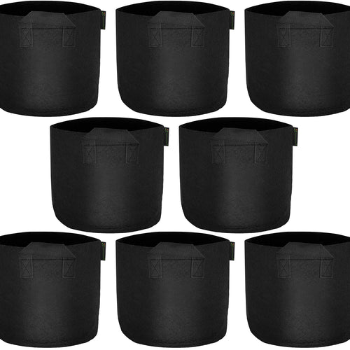 Black 10-gallon fabric grow bags with handles, 8-pack.