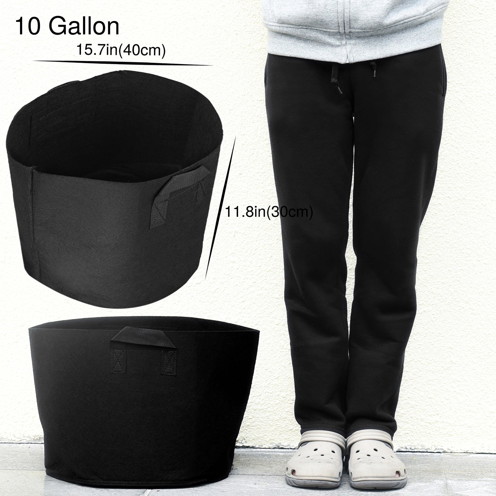 Black 10-gallon fabric grow bag detail showing the planter shape and material.