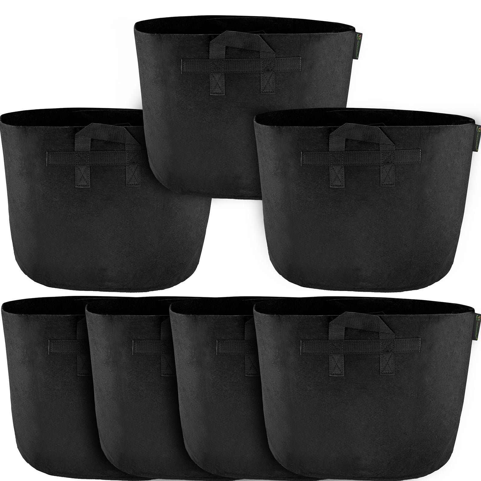 Black 15-gallon fabric grow bags with handles, 7-pack.