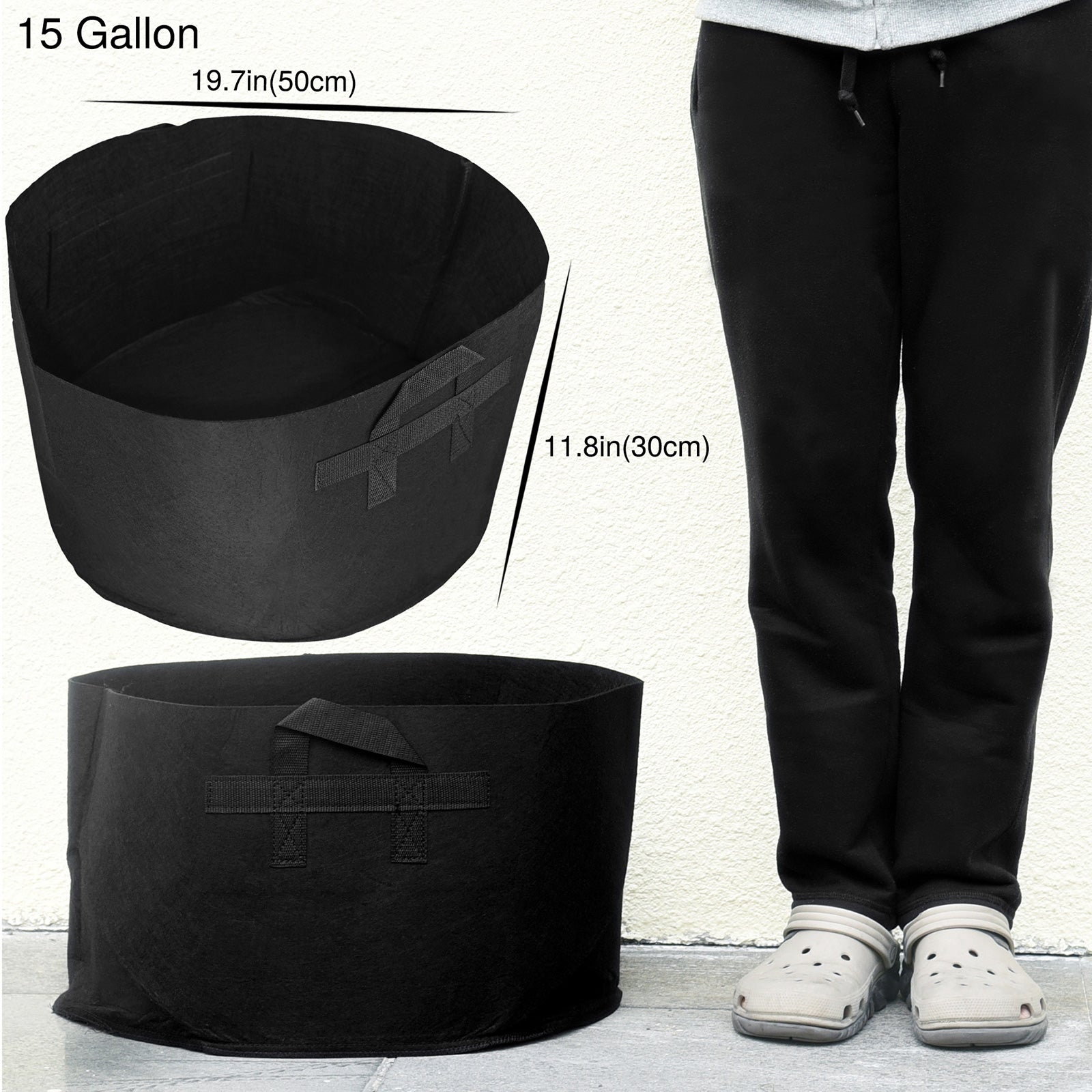 Black 15-gallon fabric grow bag detail showing the planter shape and material.