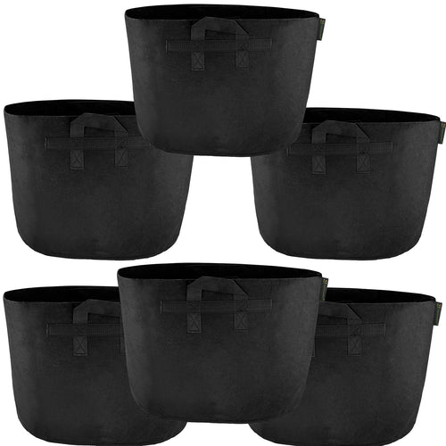 Black 18-gallon fabric grow bags with handles, 6-pack.