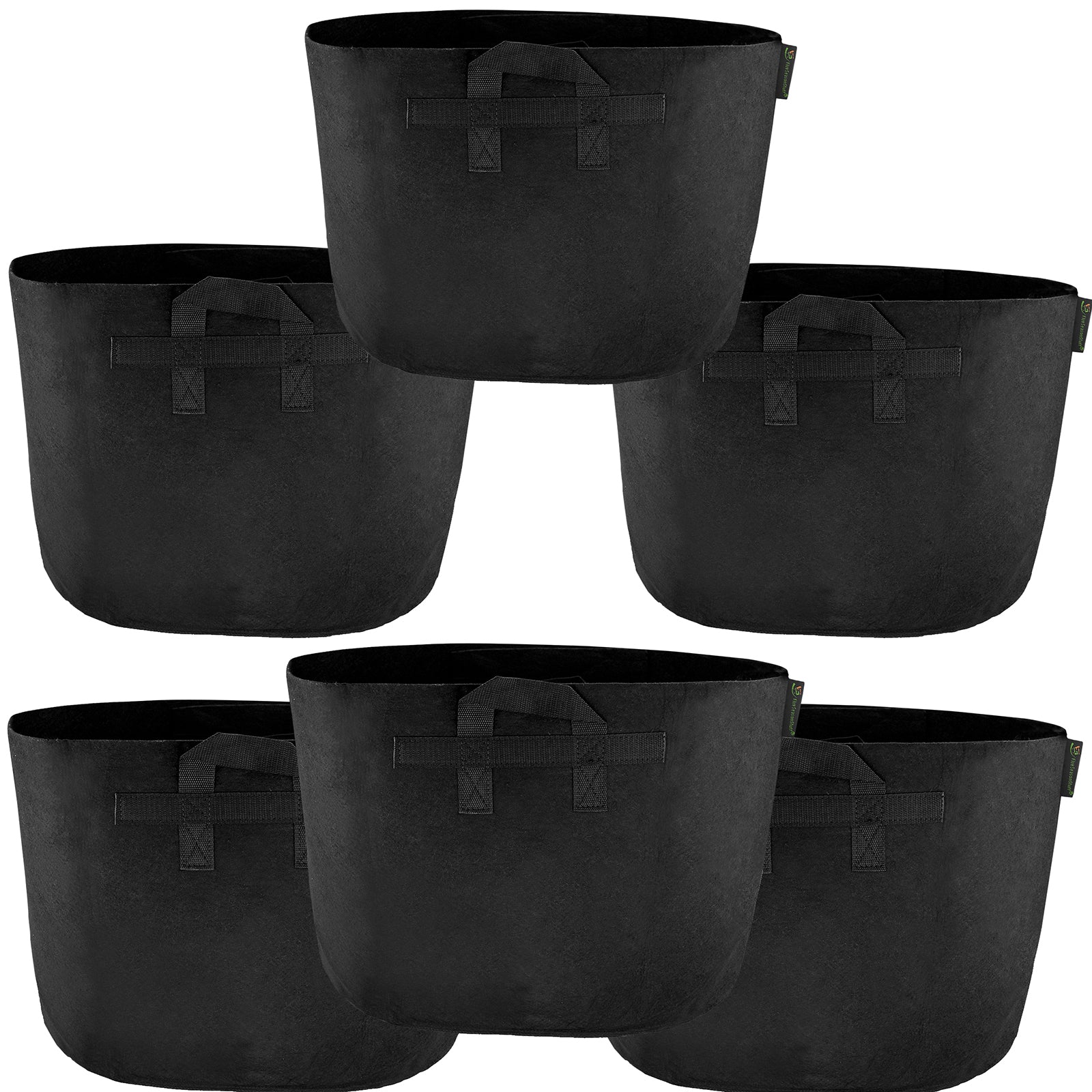 Black 18-gallon fabric grow bags with handles, 6-pack.