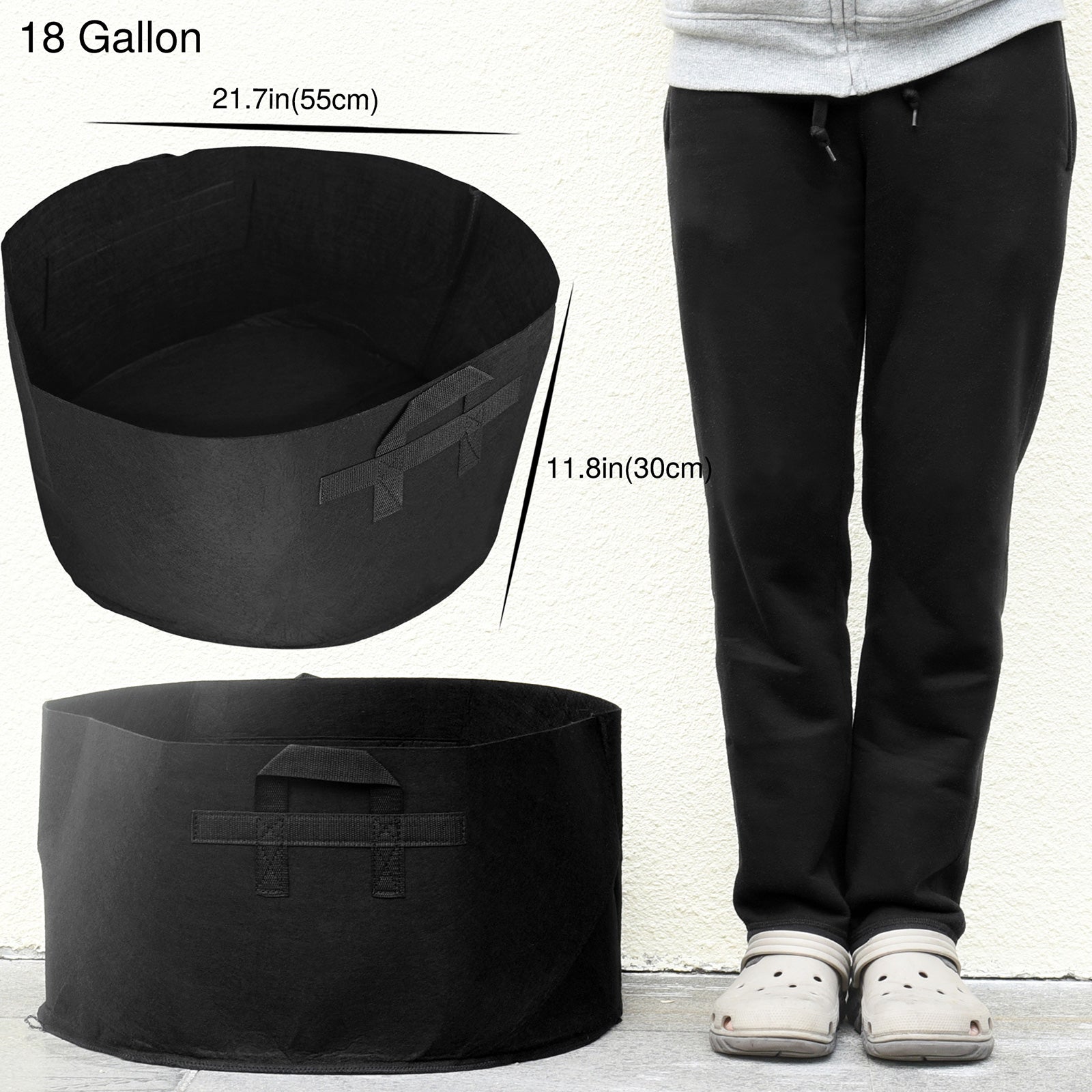 Black 18-gallon fabric grow bag detail showing the planter shape and material.