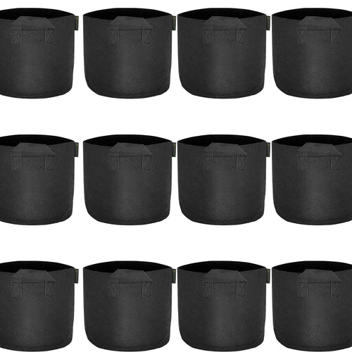 Black 2-gallon fabric grow bags with handles, 12-pack.