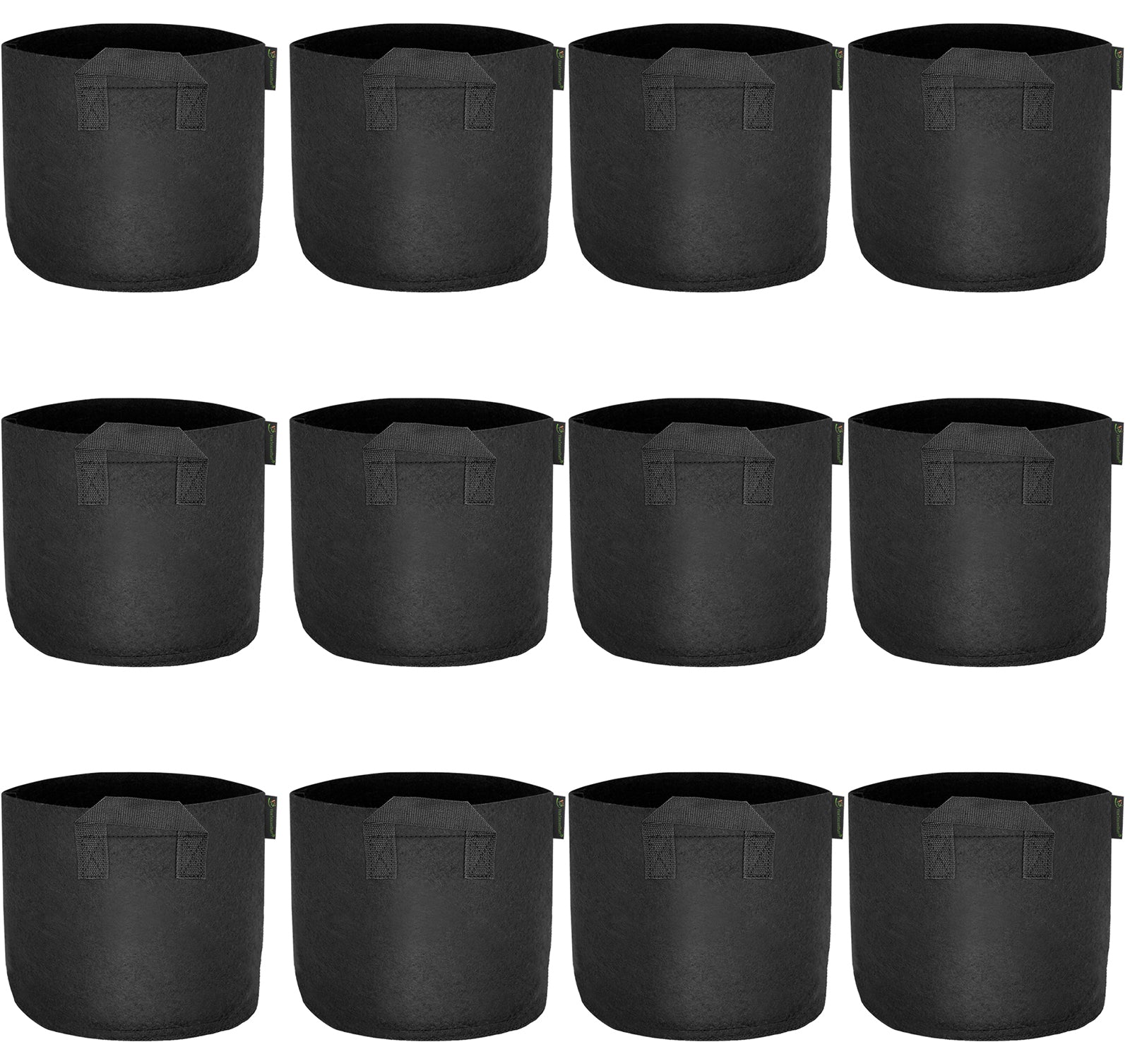 Black 2-gallon fabric grow bags with handles, 12-pack.