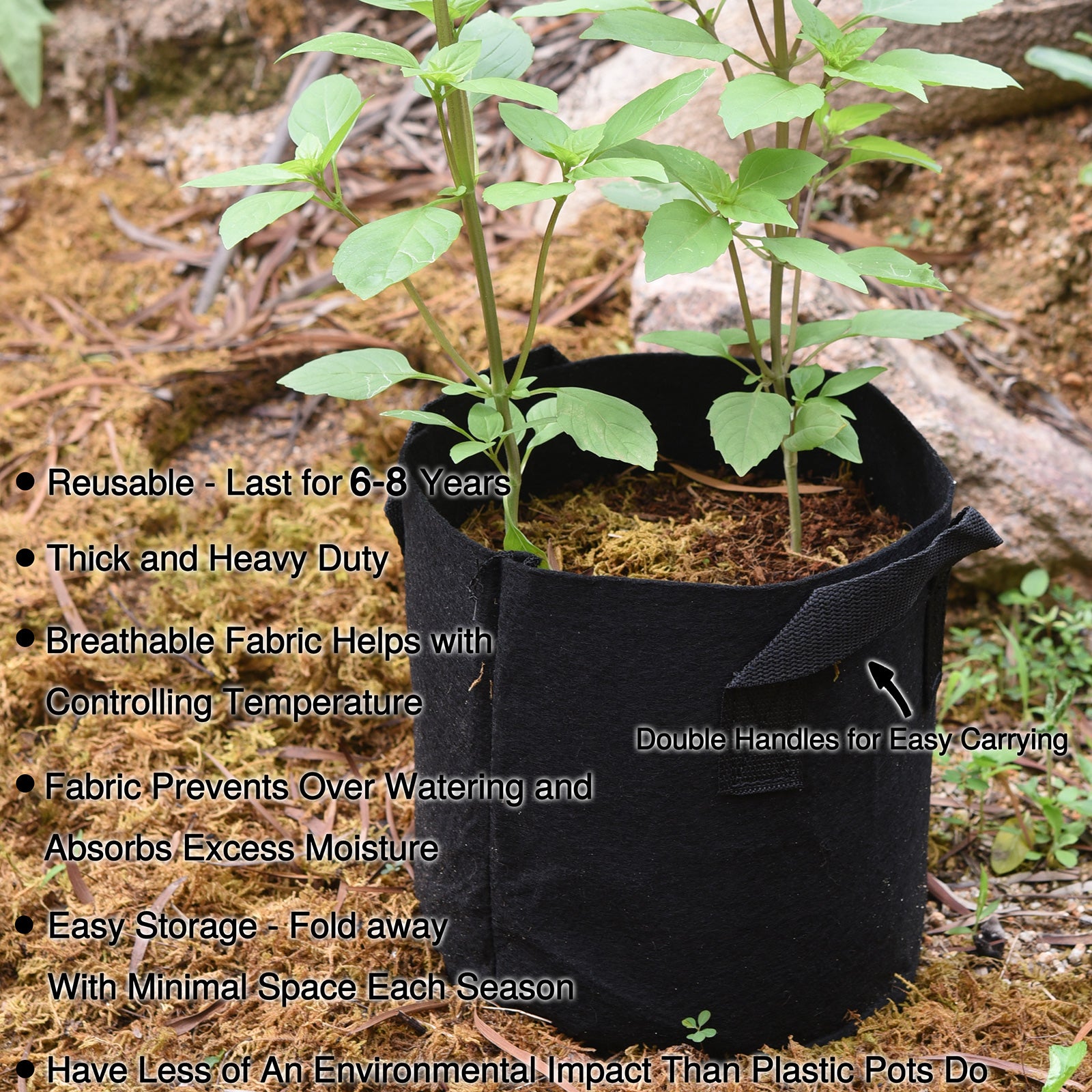 Black 2-gallon fabric grow bag shown from another angle with flexible fabric construction.