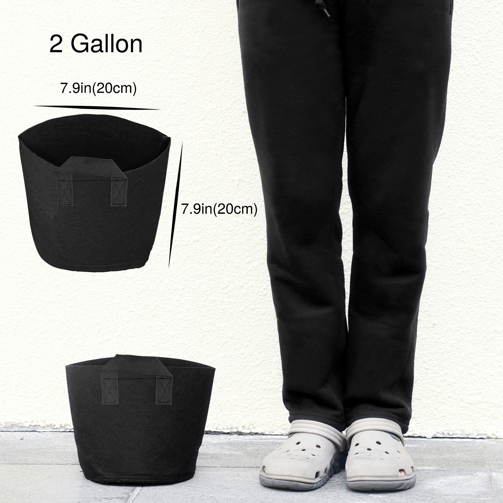 Black 2-gallon fabric grow bag detail showing the planter shape and material.