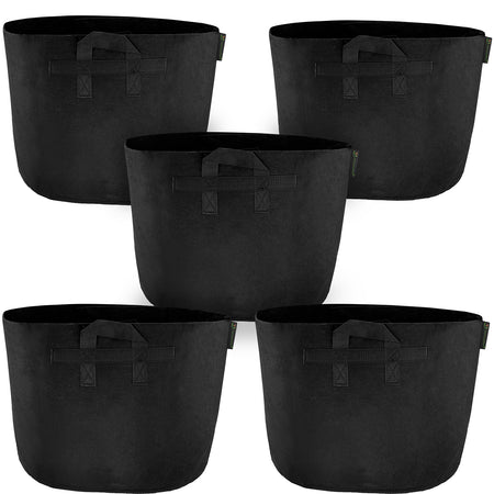 Black 20-gallon fabric grow bags with handles, 5-pack.