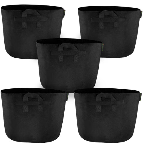 Black 20-gallon fabric grow bags with handles, 5-pack.