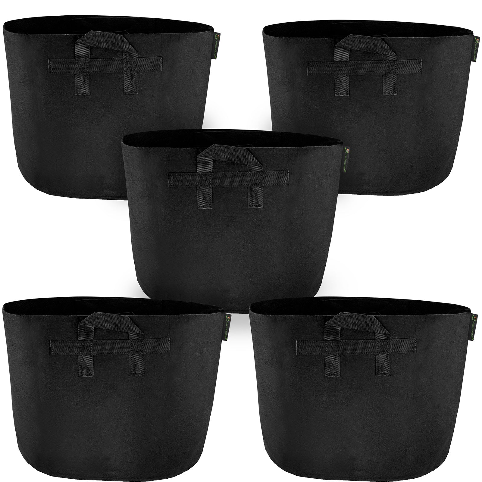 Black 20-gallon fabric grow bags with handles, 5-pack.